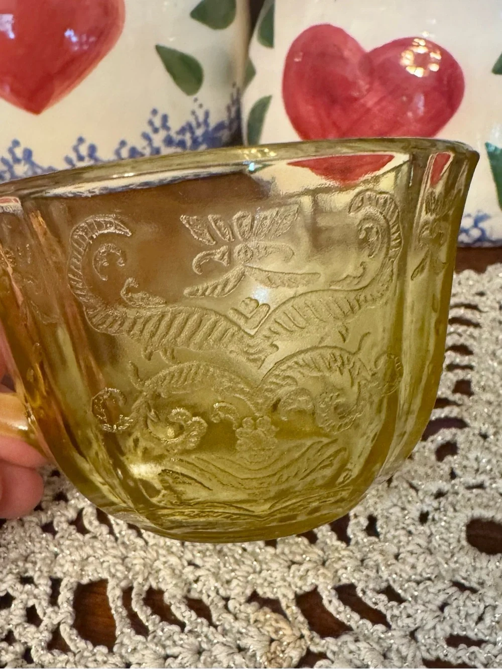 2 Vintage yellow depression glass tea cups.